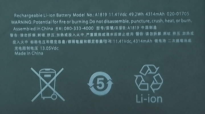 Genuine A1819 Replacement Laptop Battery for Apple Late 2016 Mid 2017 MacBook Pro 13 A1706 EMC 3071 EMC 3163 Battery MacBook Pro 13" Four Thunderbolt 3 Ports A1706 Apple A1819 Battery 49.2Wh