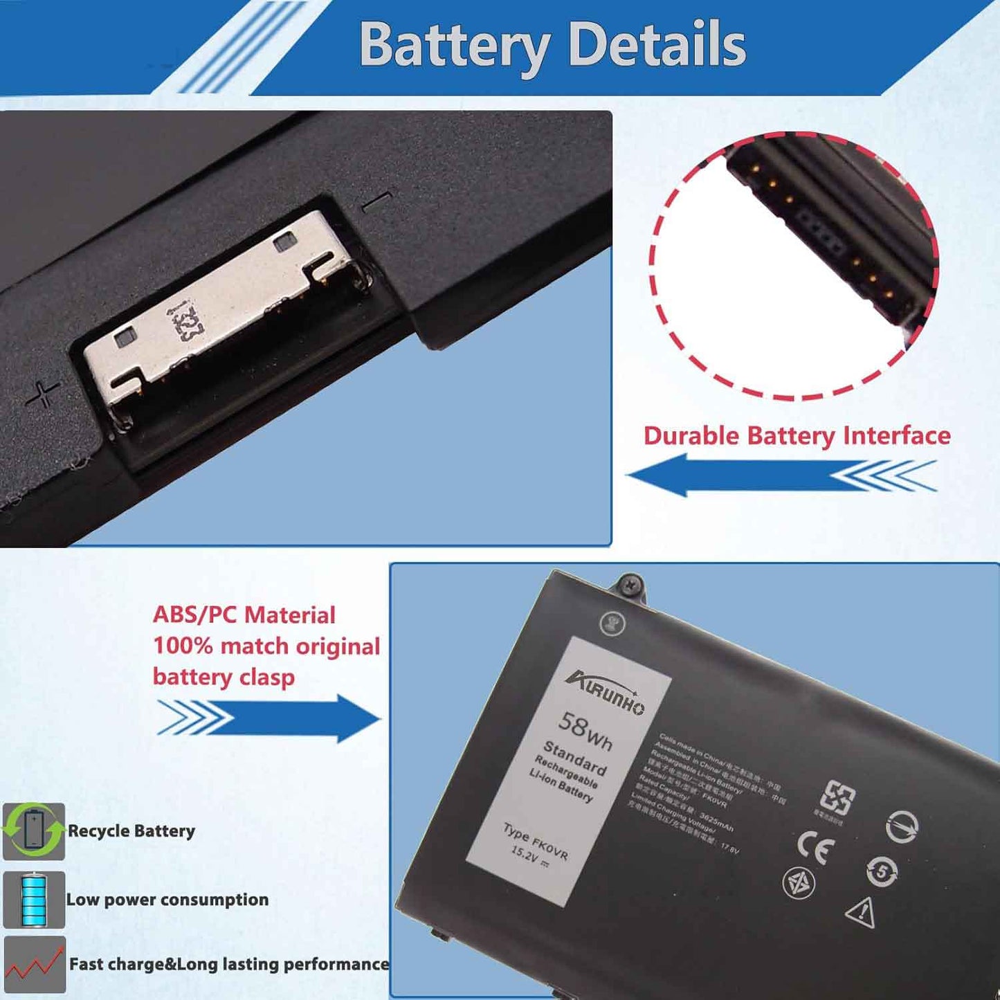 58Wh FK0VR Laptop Battery Replacement Dell Latitude 5330 7330 7430 7530 Latitude 5330 2-in-1/7330 2-in-1/7430 2-in-1 Series FKOVR 8H6WD 293F1 01VX5 404T8 51R71 8P81K 15.2V 3625mAh 4Cell